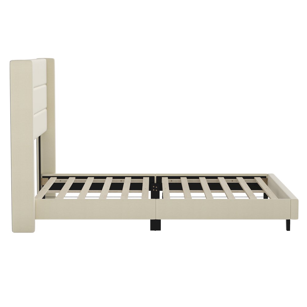 Queen Upholstered Platform Bed with Wingback Headboard, Beige Faux Linen. Picture 9