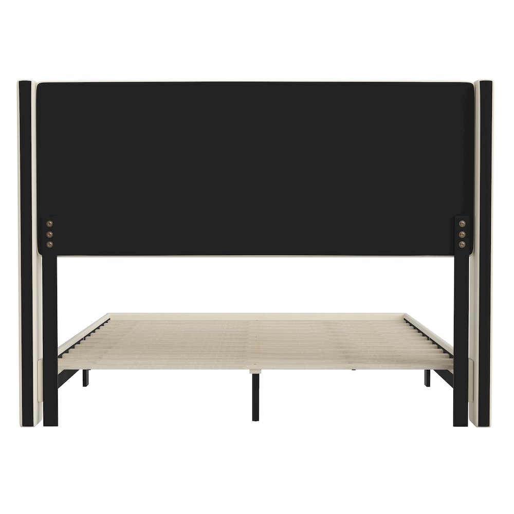 Queen Upholstered Platform Bed with Wingback Headboard, Beige Faux Linen. Picture 8