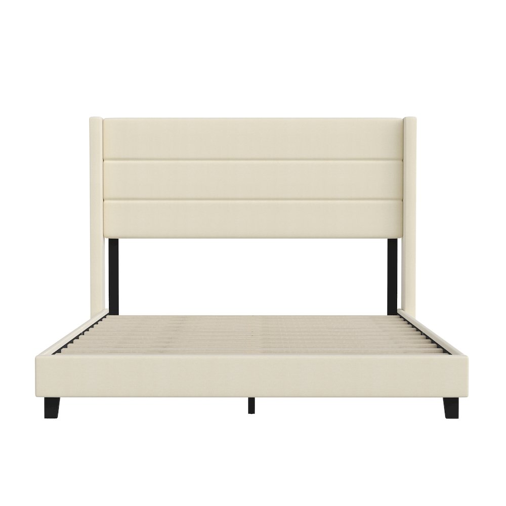 Queen Upholstered Platform Bed with Wingback Headboard, Beige Faux Linen. Picture 10