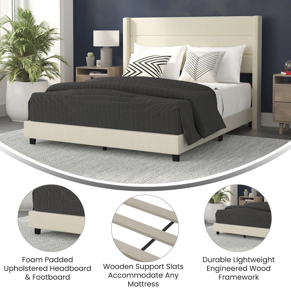 Queen Upholstered Platform Bed with Wingback Headboard, Beige Faux Linen. Picture 4