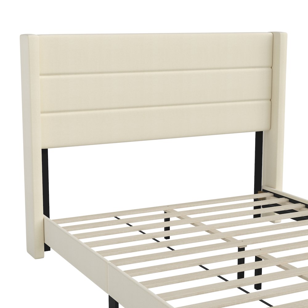 Queen Upholstered Platform Bed with Wingback Headboard, Beige Faux Linen. Picture 11