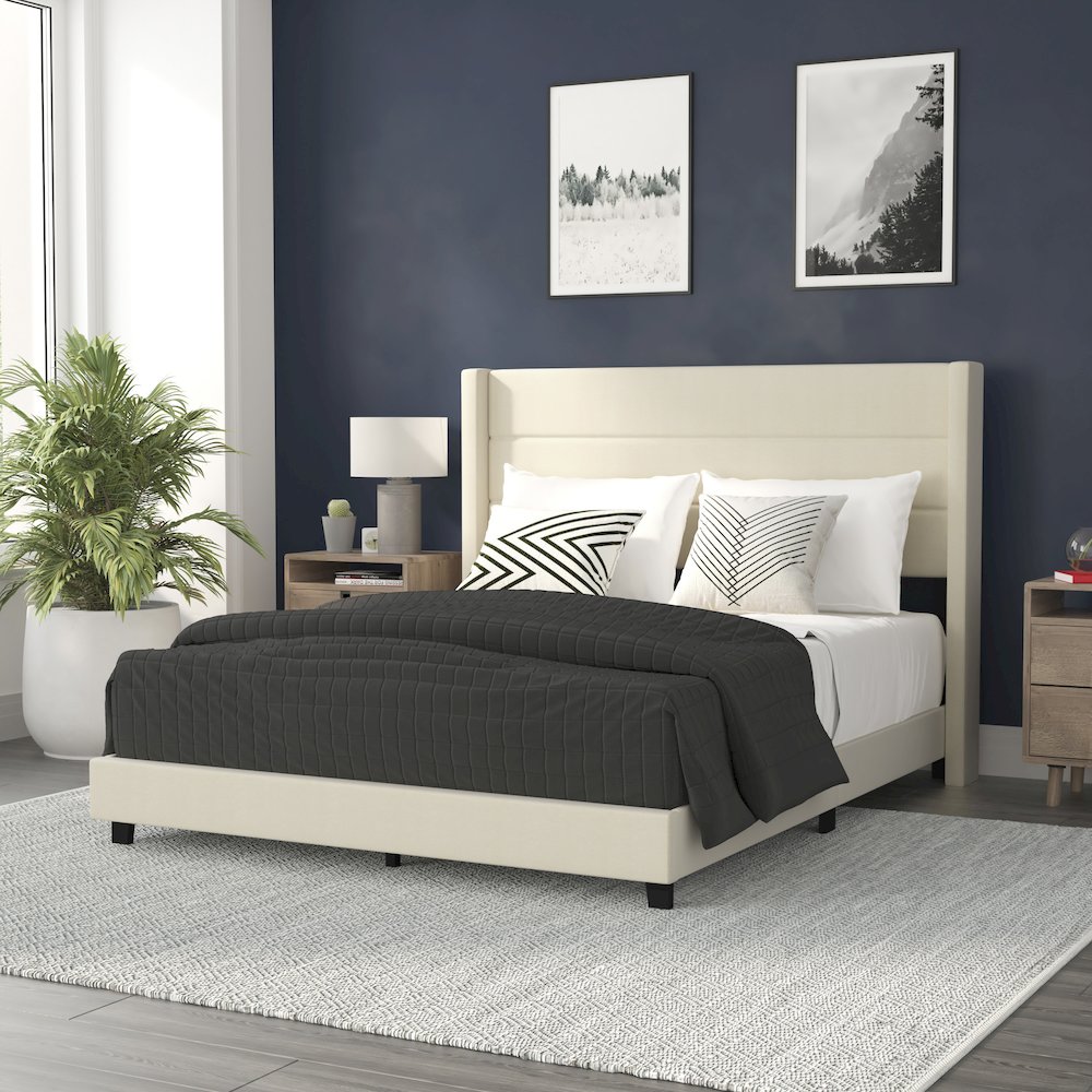 Queen Upholstered Platform Bed with Wingback Headboard, Beige Faux Linen. Picture 2
