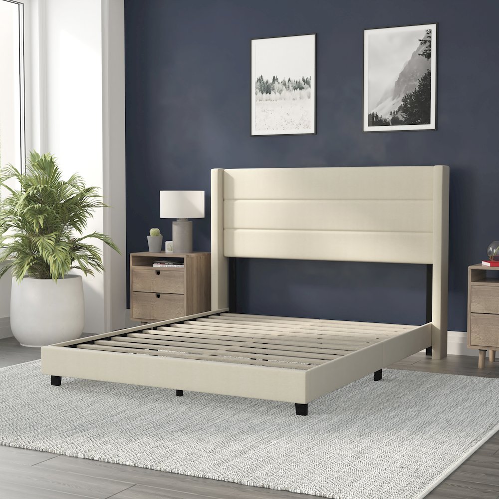 Queen Upholstered Platform Bed with Wingback Headboard, Beige Faux Linen. Picture 6