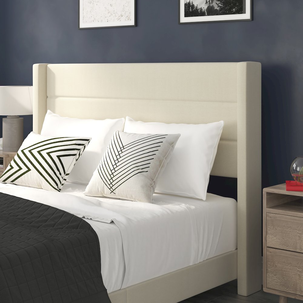 Queen Upholstered Platform Bed with Wingback Headboard, Beige Faux Linen. Picture 7
