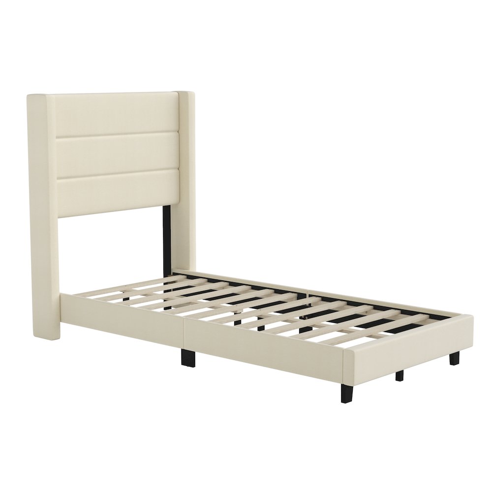 Twin Upholstered Platform Bed with Wingback Headboard, Beige Faux Linen. Picture 1