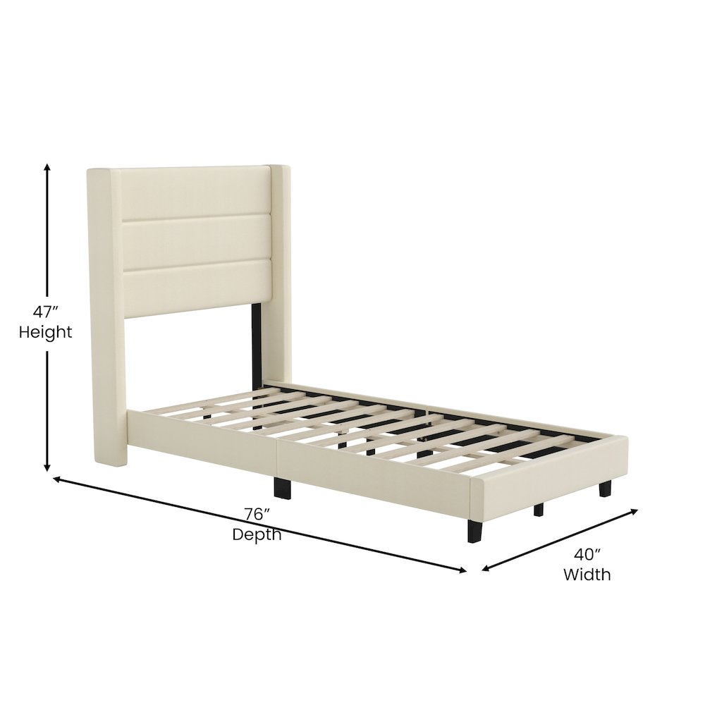 Twin Upholstered Platform Bed with Wingback Headboard, Beige Faux Linen. Picture 5