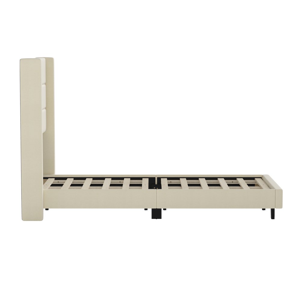 Twin Upholstered Platform Bed with Wingback Headboard, Beige Faux Linen. Picture 9