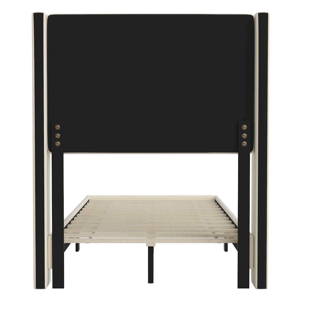 Twin Upholstered Platform Bed with Wingback Headboard, Beige Faux Linen. Picture 8