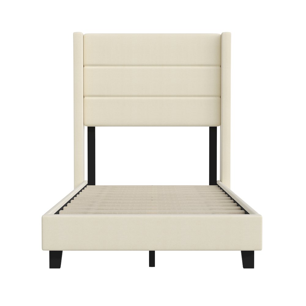 Twin Upholstered Platform Bed with Wingback Headboard, Beige Faux Linen. Picture 10