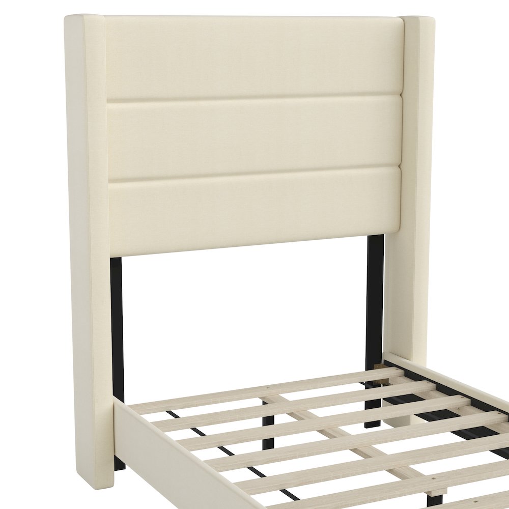 Twin Upholstered Platform Bed with Wingback Headboard, Beige Faux Linen. Picture 11