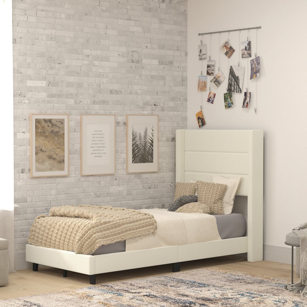 Twin Upholstered Platform Bed with Wingback Headboard, Beige Faux Linen. Picture 2