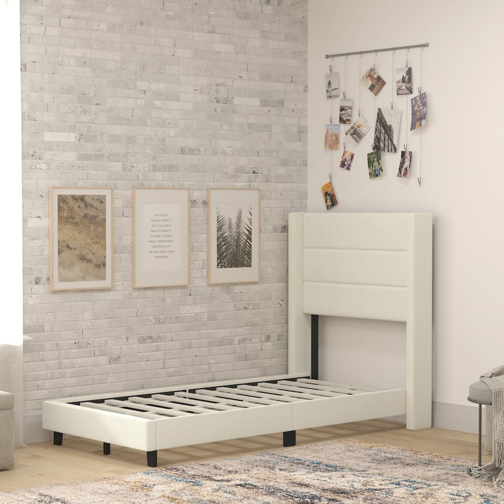 Twin Upholstered Platform Bed with Wingback Headboard, Beige Faux Linen. Picture 6