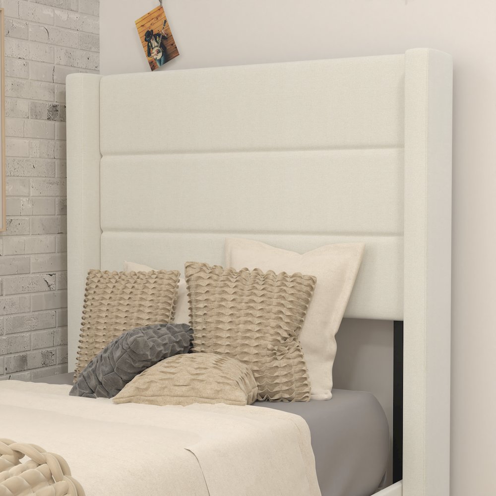 Twin Upholstered Platform Bed with Wingback Headboard, Beige Faux Linen. Picture 7