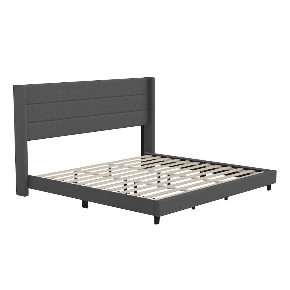 King Upholstered Platform Bed with Wingback Headboard, Charcoal Faux Linen. Picture 1