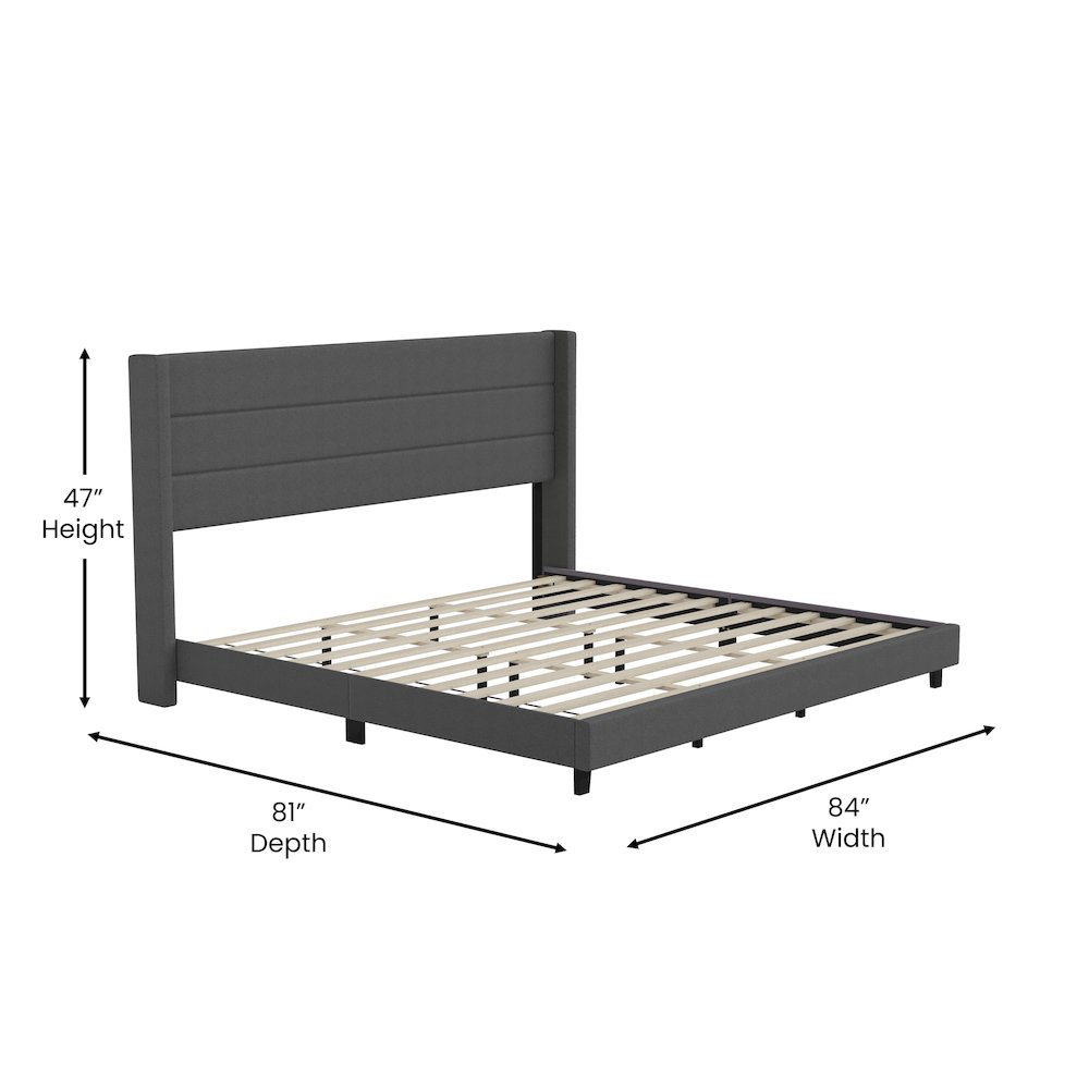 King Upholstered Platform Bed with Wingback Headboard, Charcoal Faux Linen. Picture 5