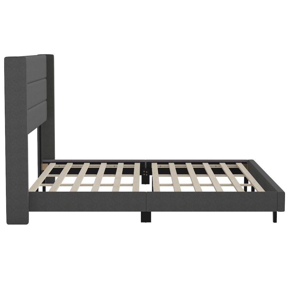 King Upholstered Platform Bed with Wingback Headboard, Charcoal Faux Linen. Picture 9