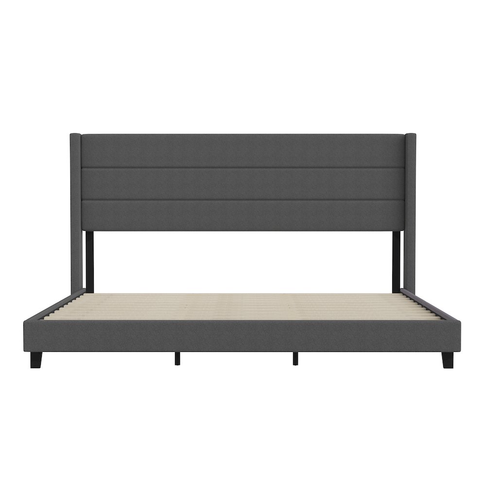 King Upholstered Platform Bed with Wingback Headboard, Charcoal Faux Linen. Picture 10