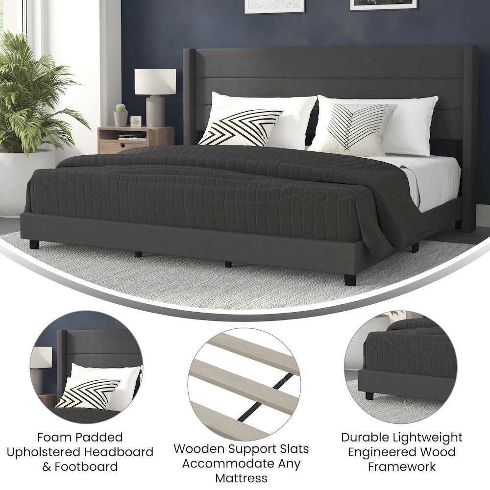 King Upholstered Platform Bed with Wingback Headboard, Charcoal Faux Linen. Picture 4