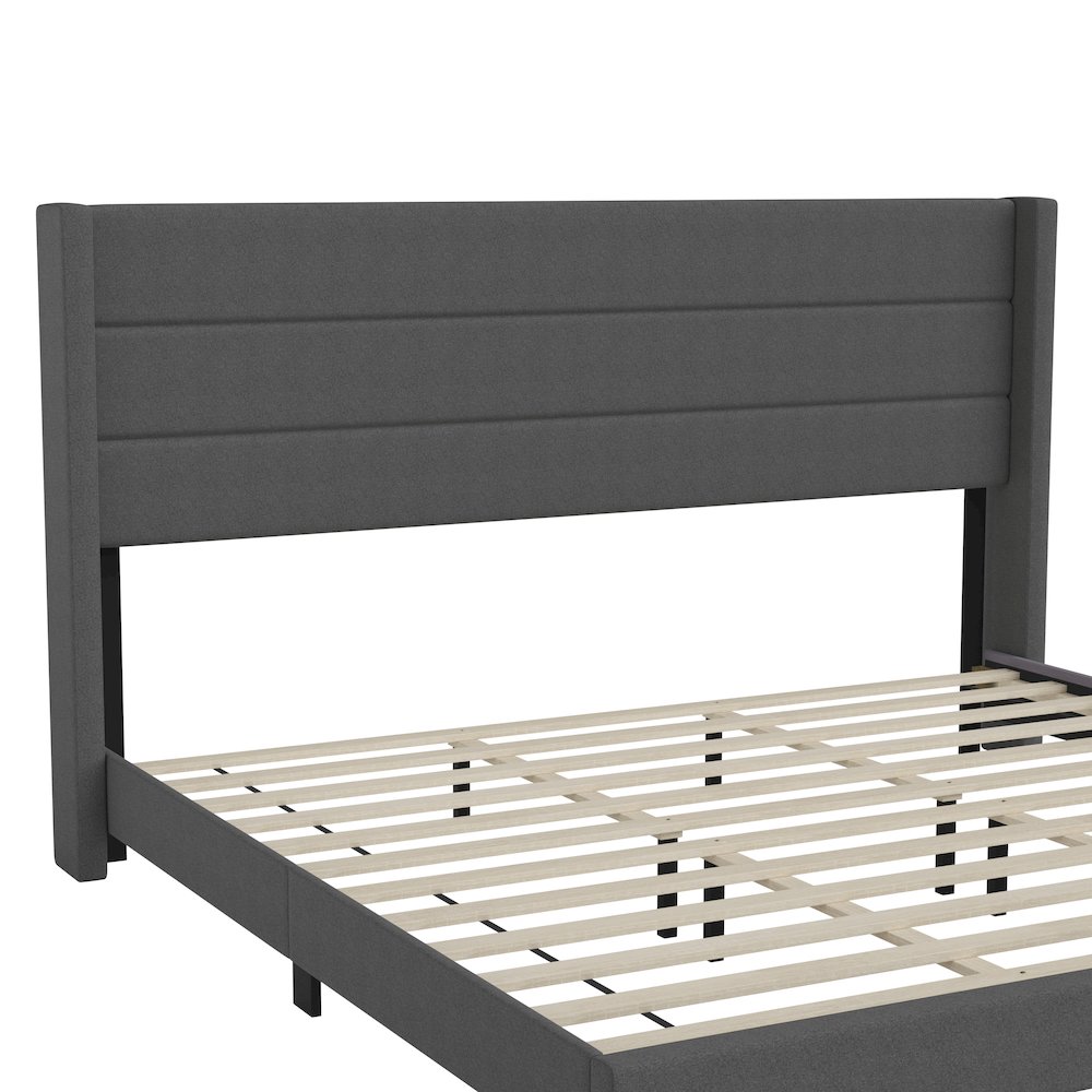 King Upholstered Platform Bed with Wingback Headboard, Charcoal Faux Linen. Picture 11