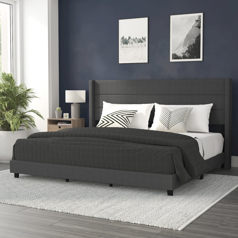 King Upholstered Platform Bed with Wingback Headboard, Charcoal Faux Linen. Picture 2