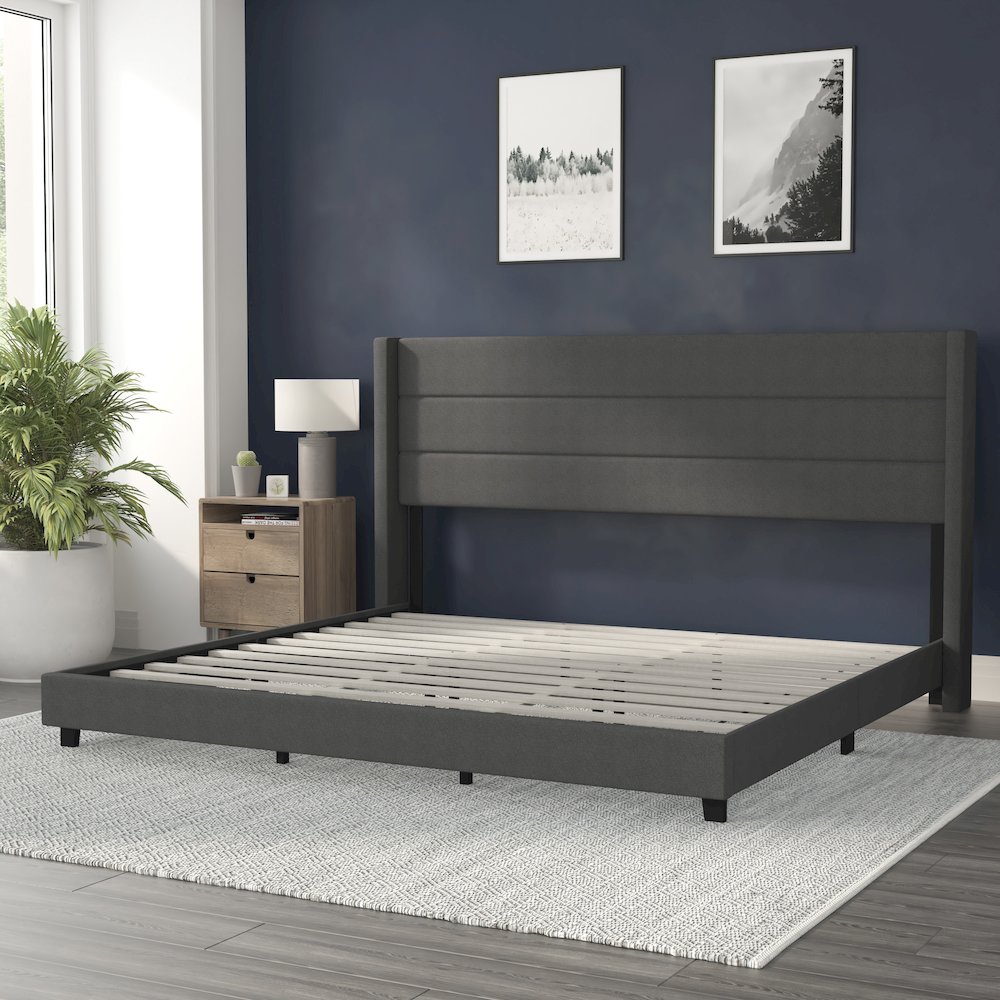 King Upholstered Platform Bed with Wingback Headboard, Charcoal Faux Linen. Picture 6