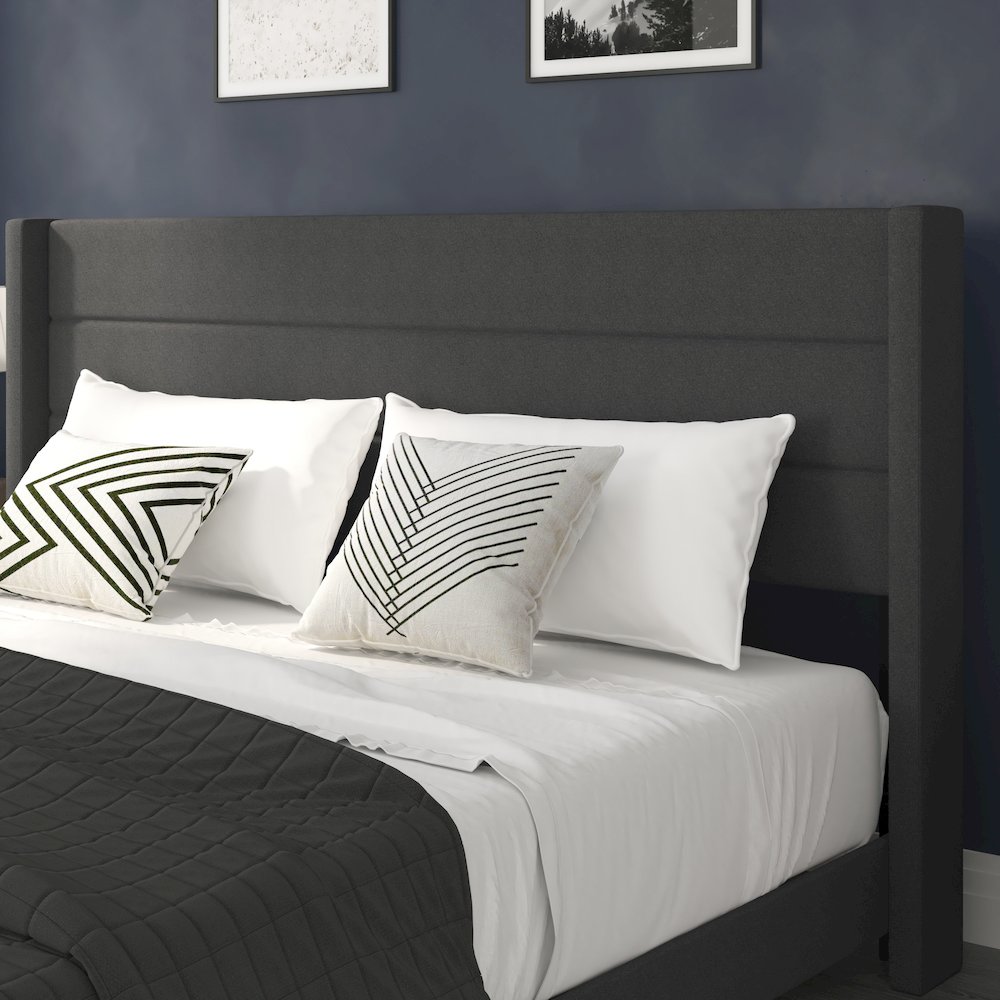 King Upholstered Platform Bed with Wingback Headboard, Charcoal Faux Linen. Picture 7