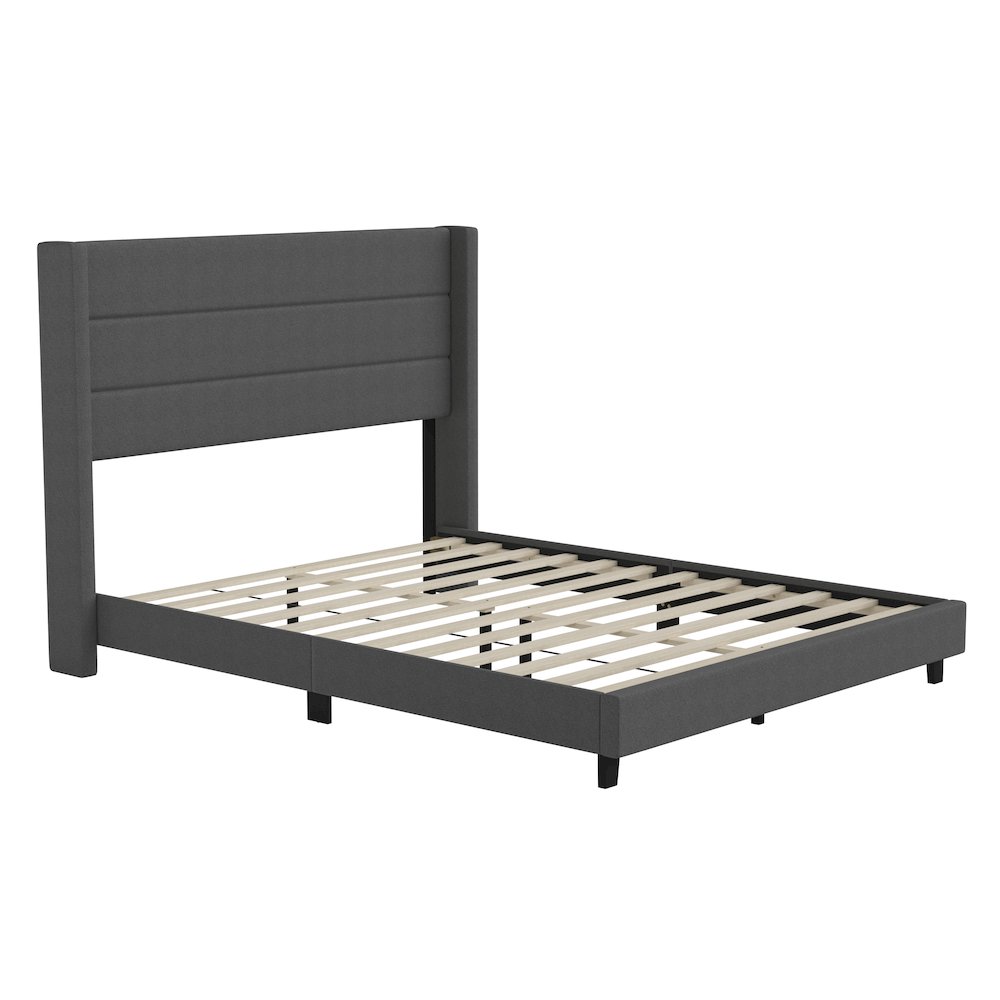 Queen Upholstered Platform Bed with Wingback Headboard, Charcoal Faux Linen. Picture 1