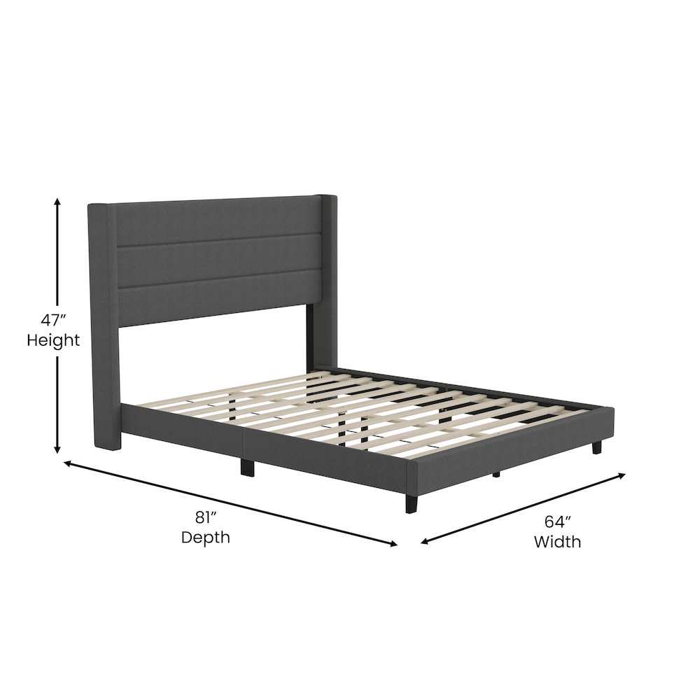 Queen Upholstered Platform Bed with Wingback Headboard, Charcoal Faux Linen. Picture 5