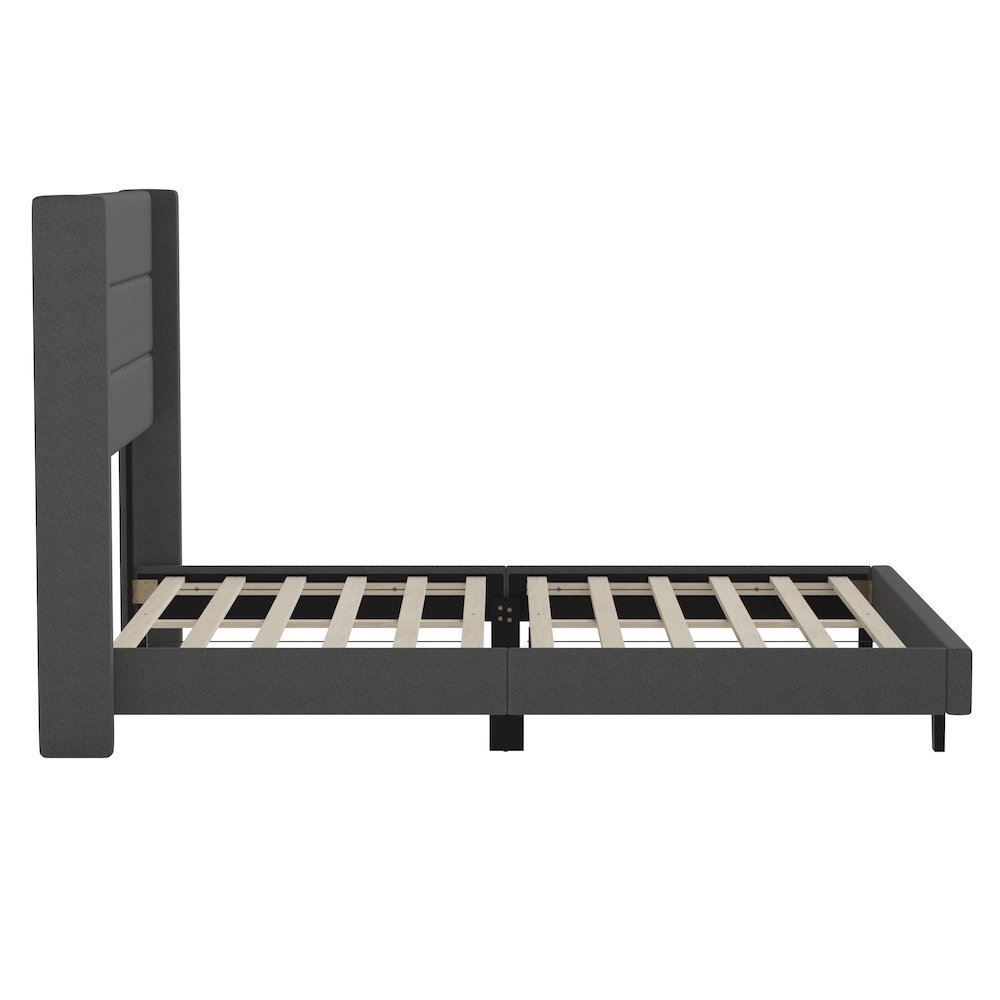 Queen Upholstered Platform Bed with Wingback Headboard, Charcoal Faux Linen. Picture 9