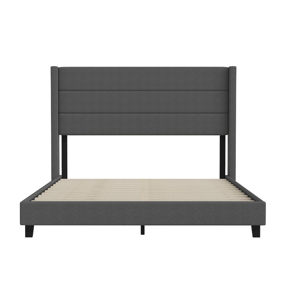 Queen Upholstered Platform Bed with Wingback Headboard, Charcoal Faux Linen. Picture 10