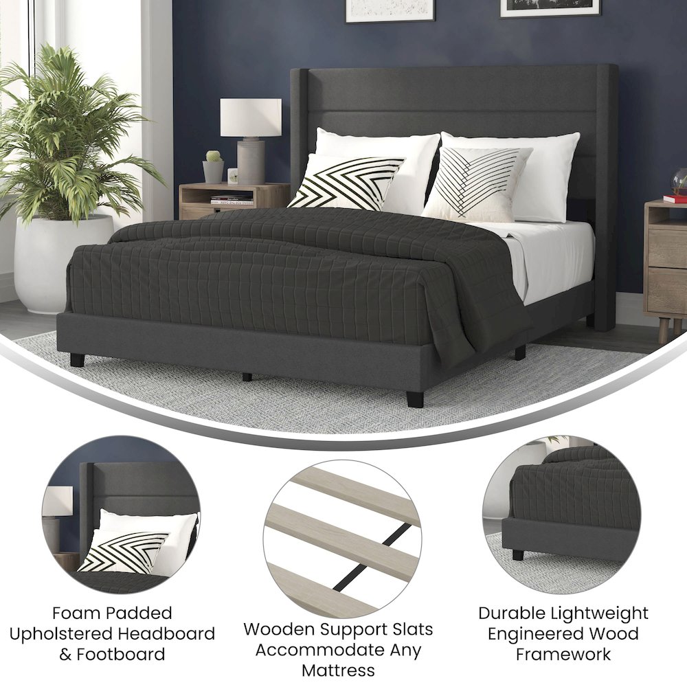 Queen Upholstered Platform Bed with Wingback Headboard, Charcoal Faux Linen. Picture 4