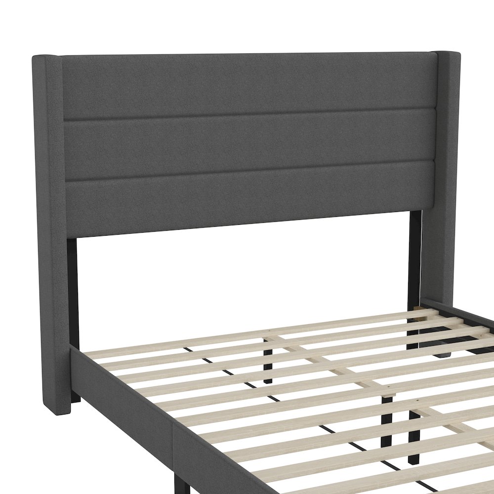 Queen Upholstered Platform Bed with Wingback Headboard, Charcoal Faux Linen. Picture 11