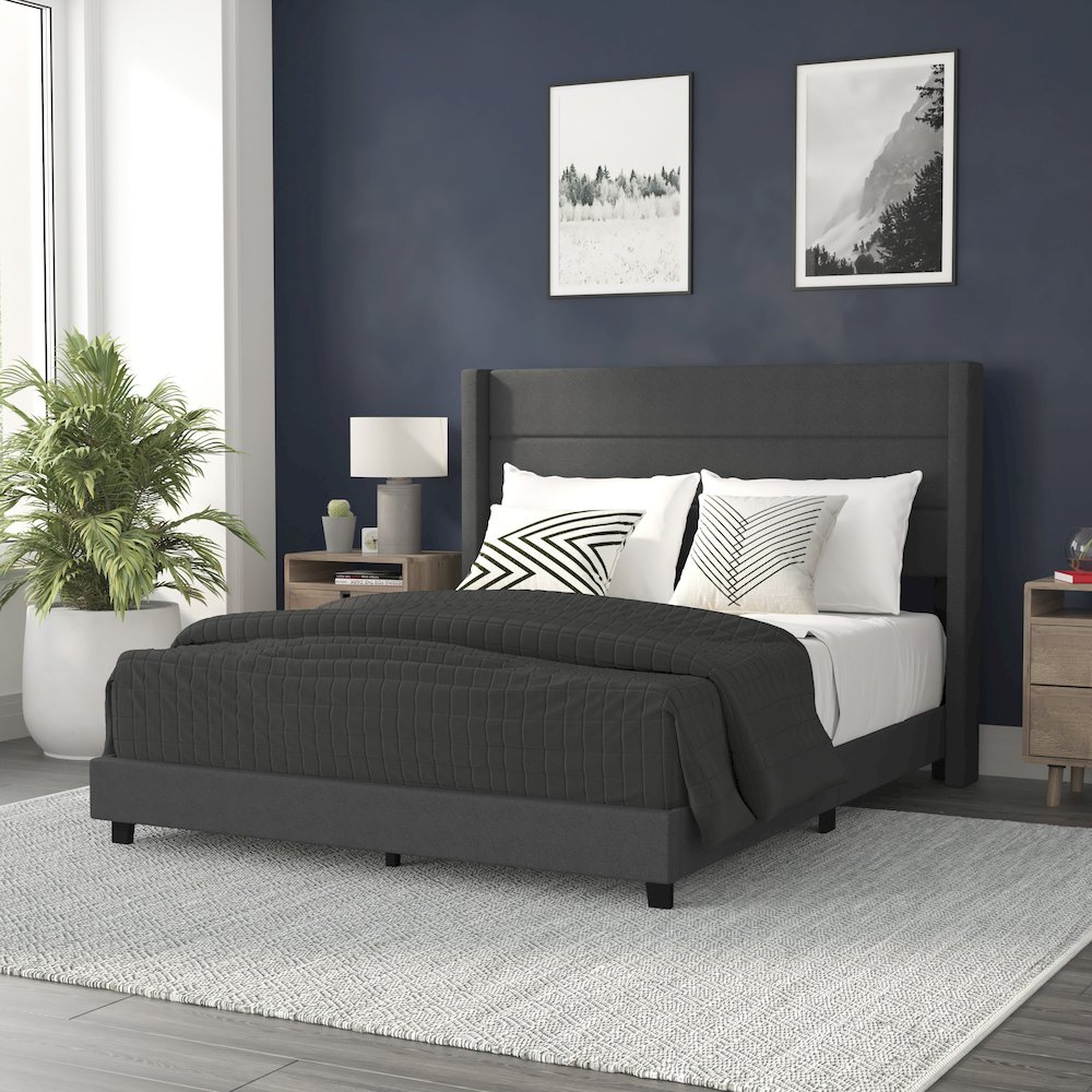 Queen Upholstered Platform Bed with Wingback Headboard, Charcoal Faux Linen. Picture 2