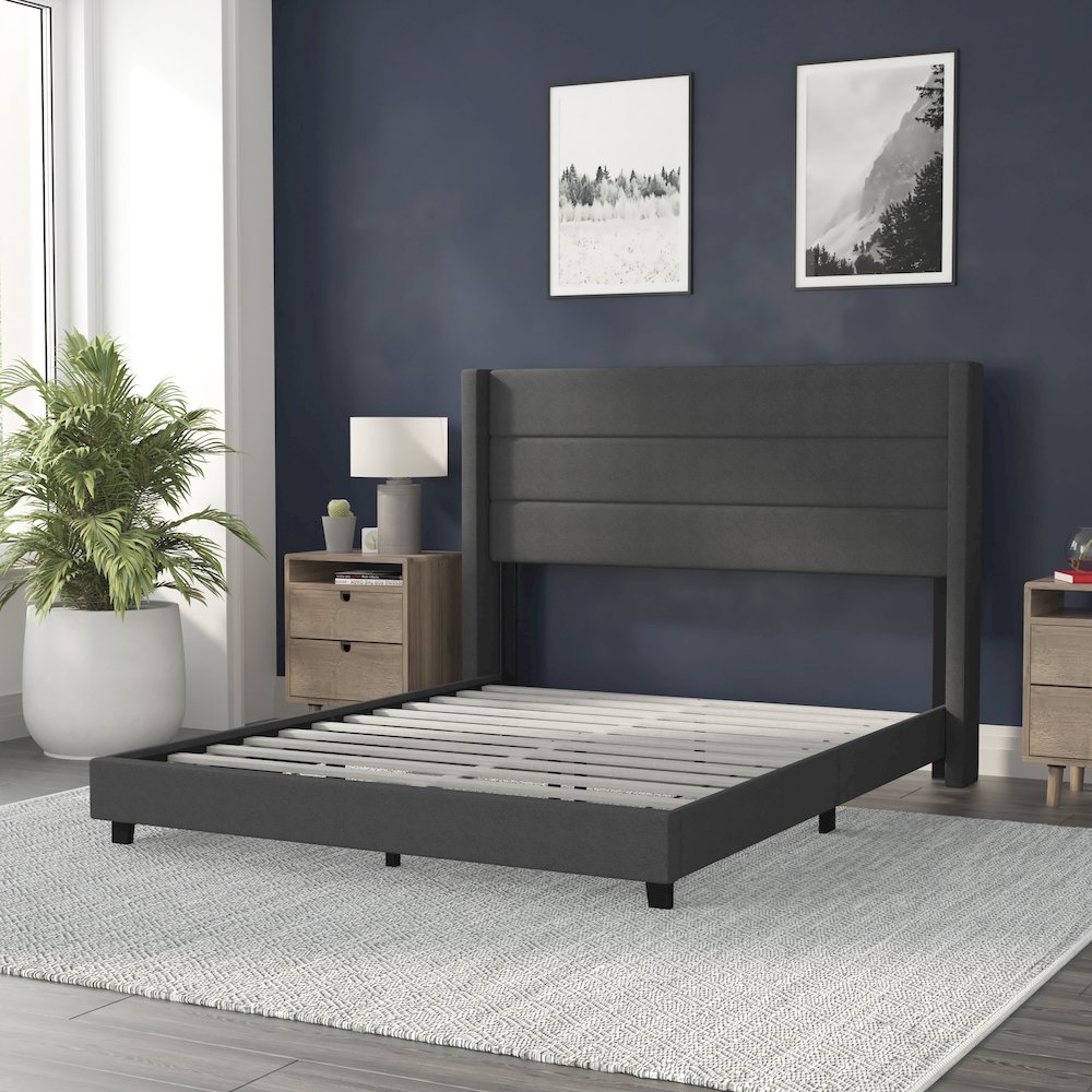 Queen Upholstered Platform Bed with Wingback Headboard, Charcoal Faux Linen. Picture 6
