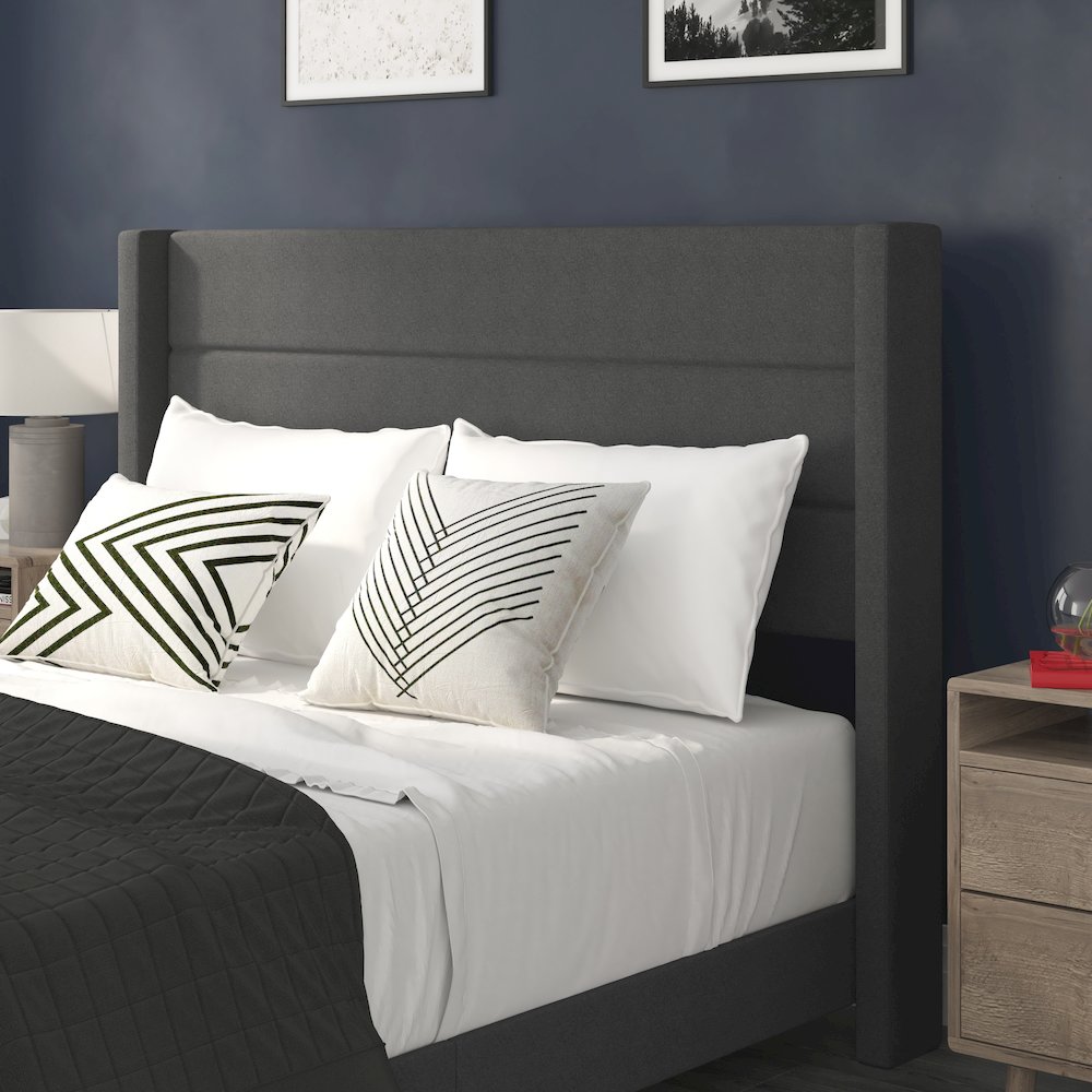 Queen Upholstered Platform Bed with Wingback Headboard, Charcoal Faux Linen. Picture 7