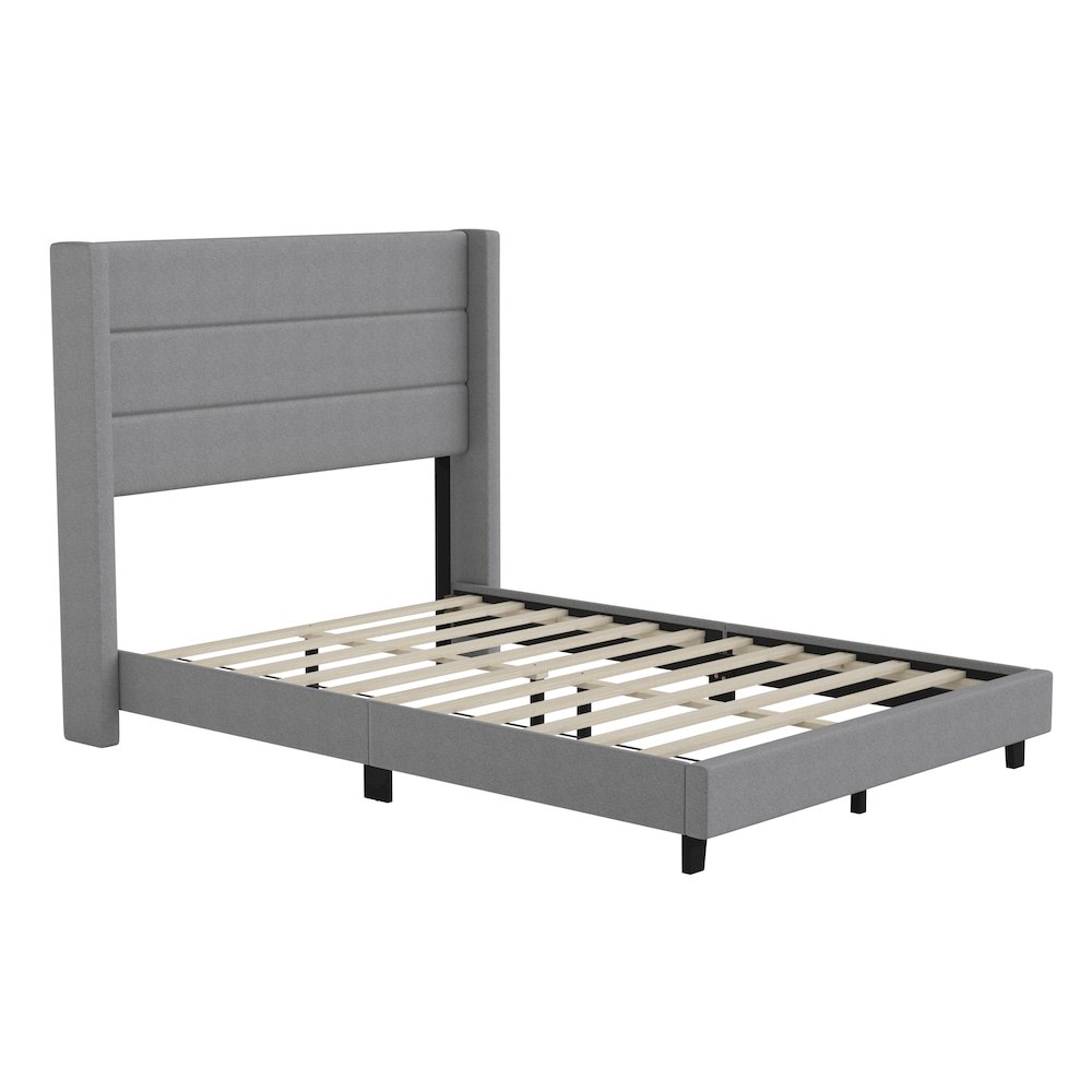 Full Upholstered Platform Bed with Wingback Headboard, Gray Faux Linen. Picture 1