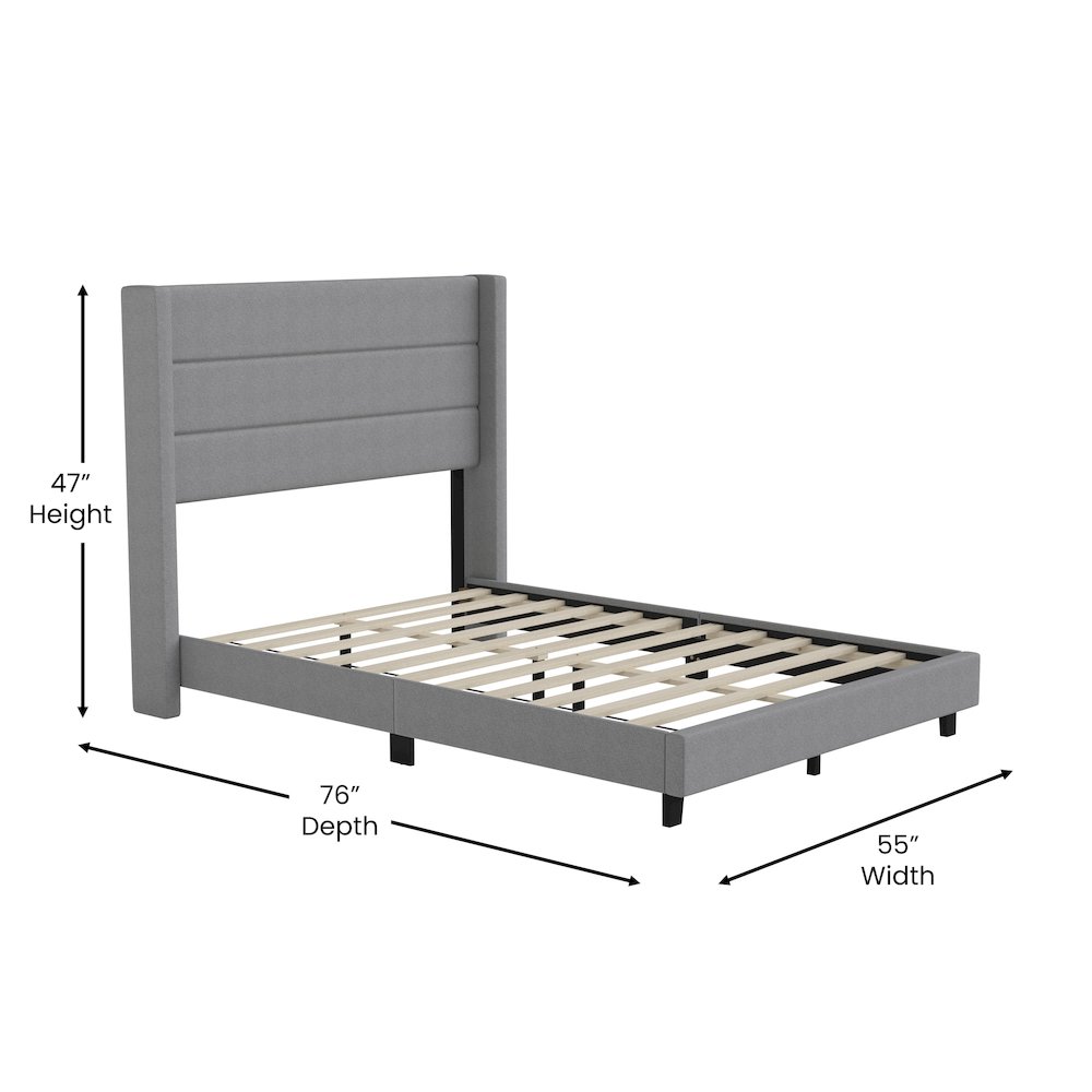 Full Upholstered Platform Bed with Wingback Headboard, Gray Faux Linen. Picture 5