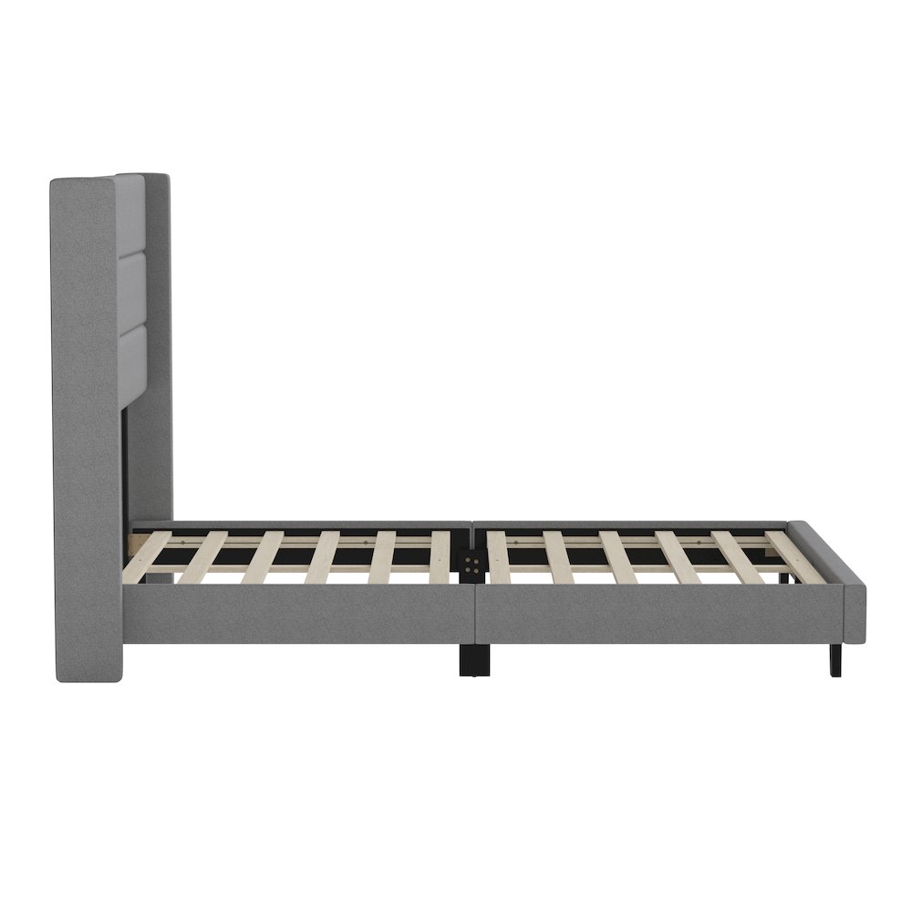 Full Upholstered Platform Bed with Wingback Headboard, Gray Faux Linen. Picture 9