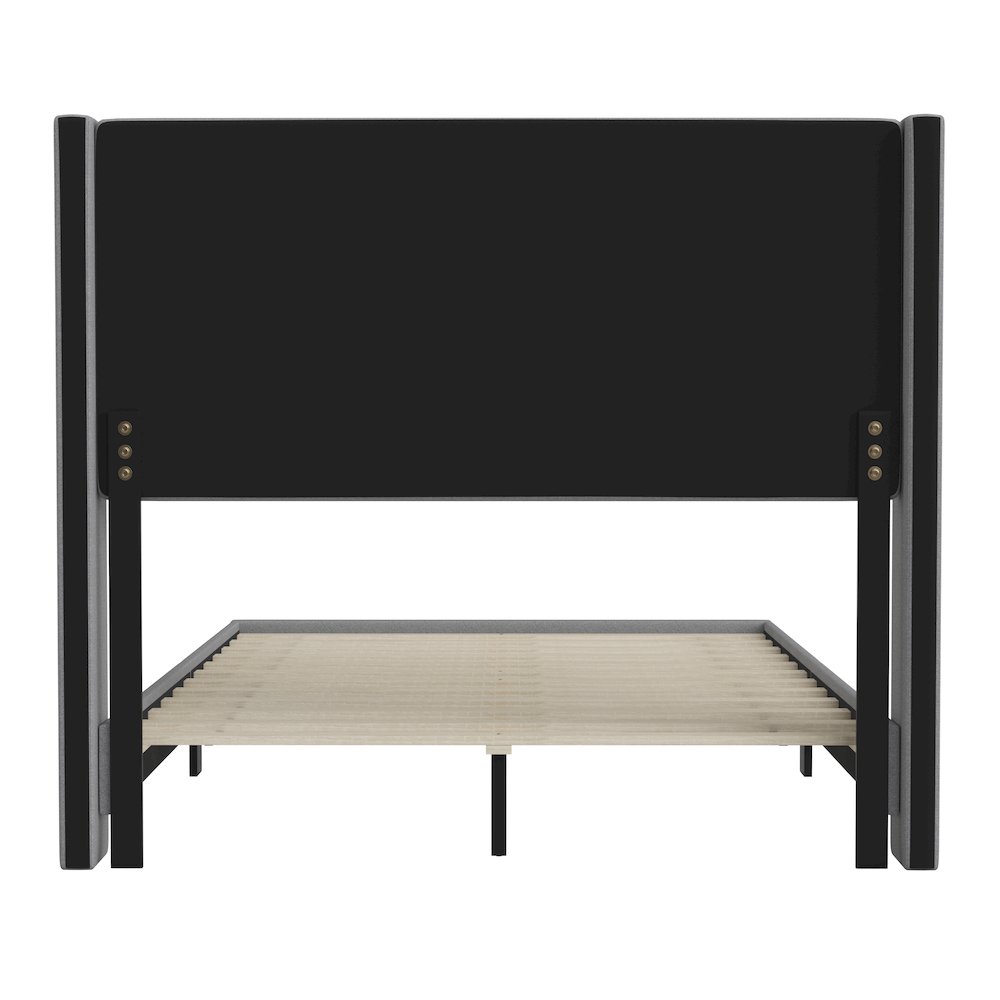 Full Upholstered Platform Bed with Wingback Headboard, Gray Faux Linen. Picture 8