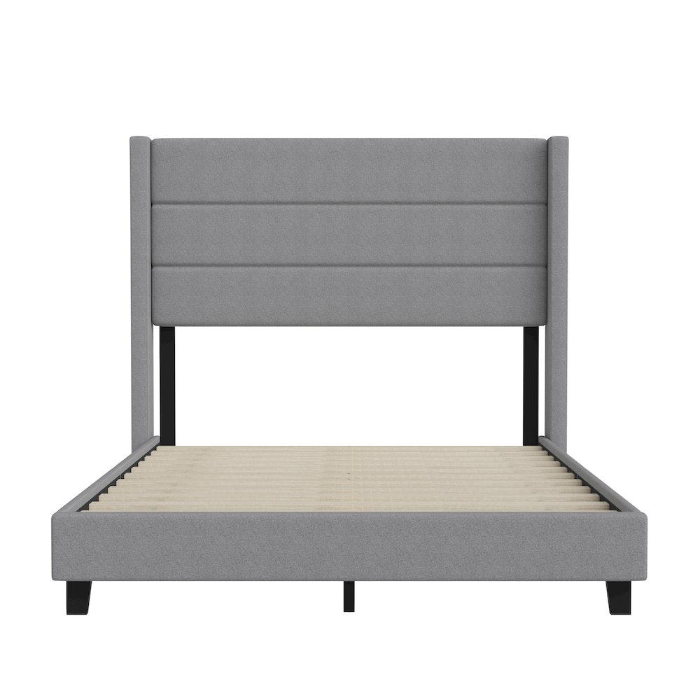 Full Upholstered Platform Bed with Wingback Headboard, Gray Faux Linen. Picture 10
