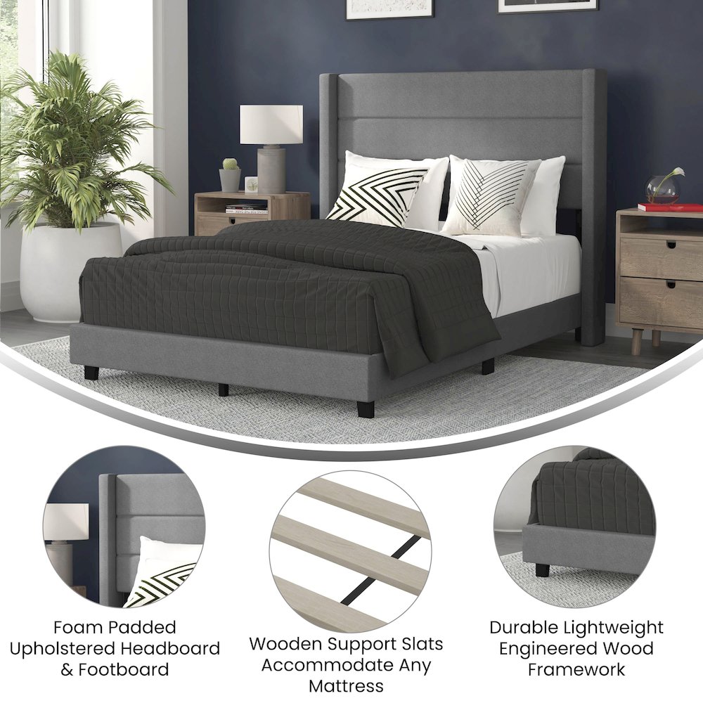 Full Upholstered Platform Bed with Wingback Headboard, Gray Faux Linen. Picture 4