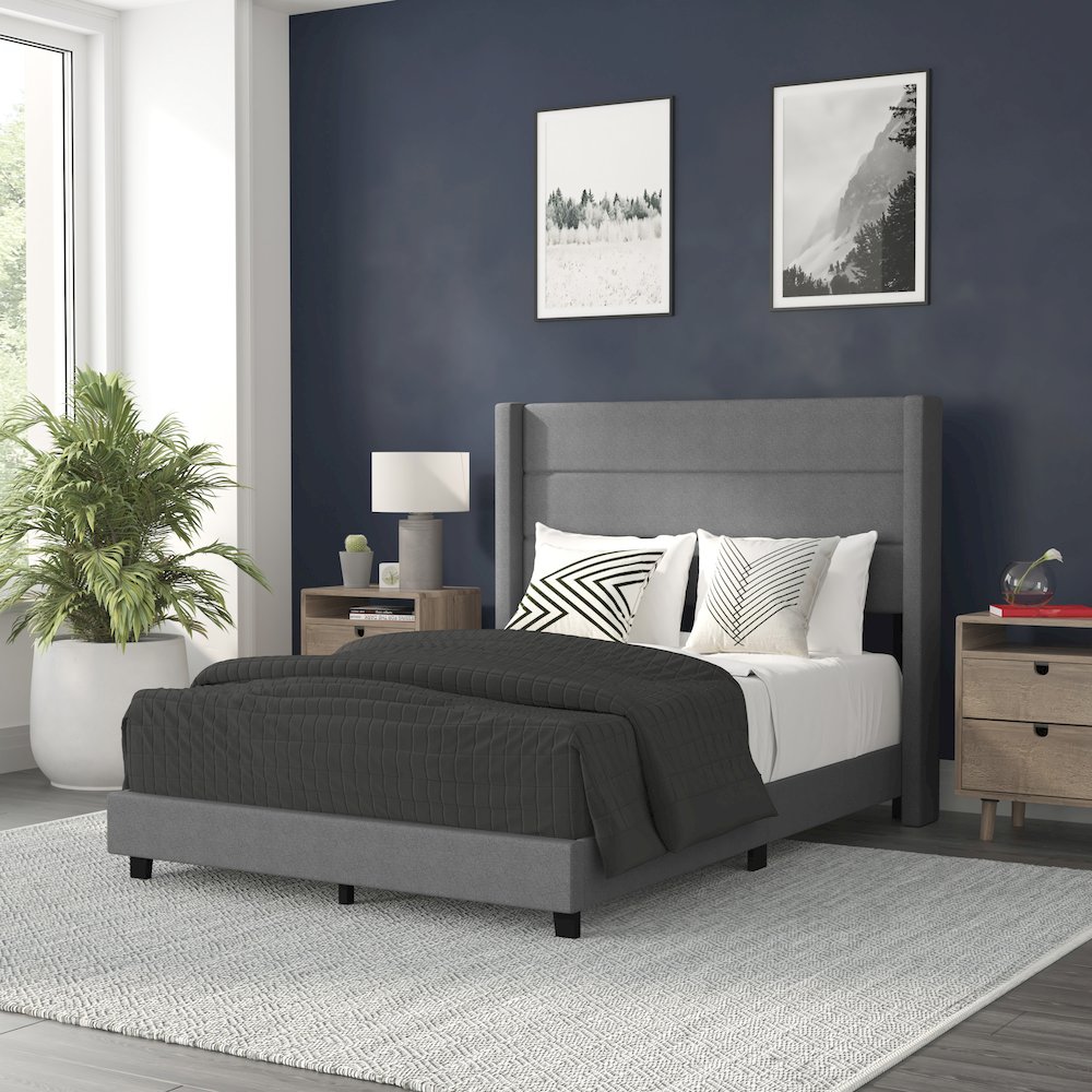 Full Upholstered Platform Bed with Wingback Headboard, Gray Faux Linen. Picture 2