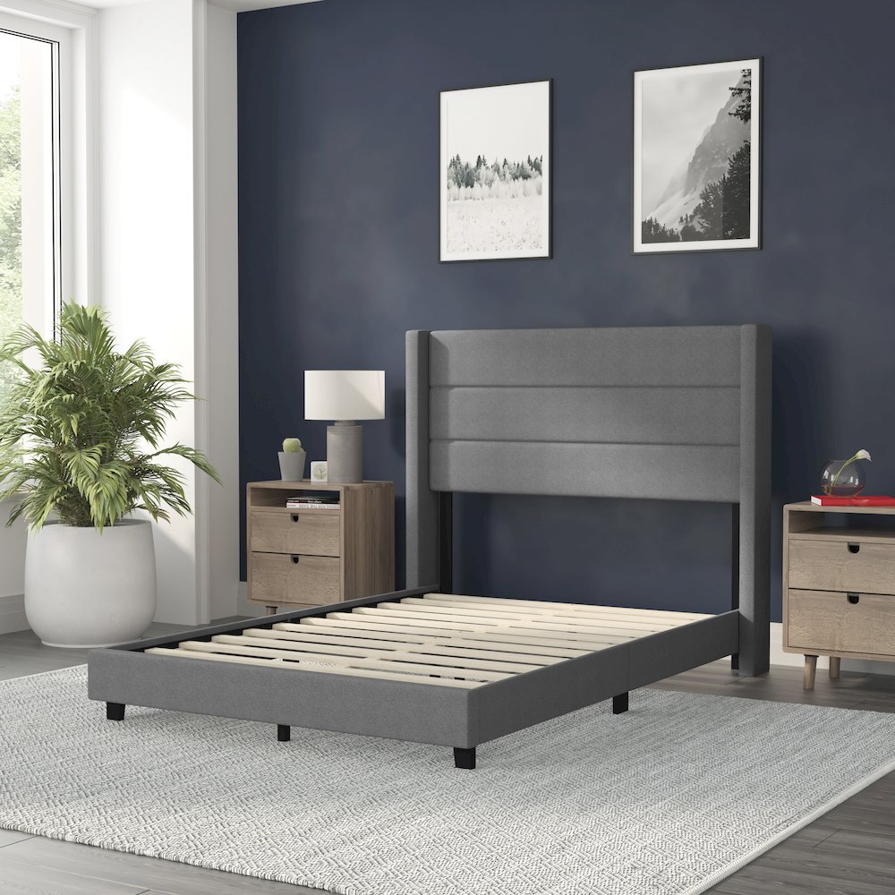 Full Upholstered Platform Bed with Wingback Headboard, Gray Faux Linen. Picture 6