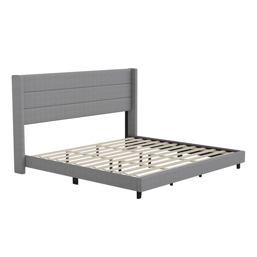King Upholstered Platform Bed with Wingback Headboard, Gray Faux Linen. Picture 1