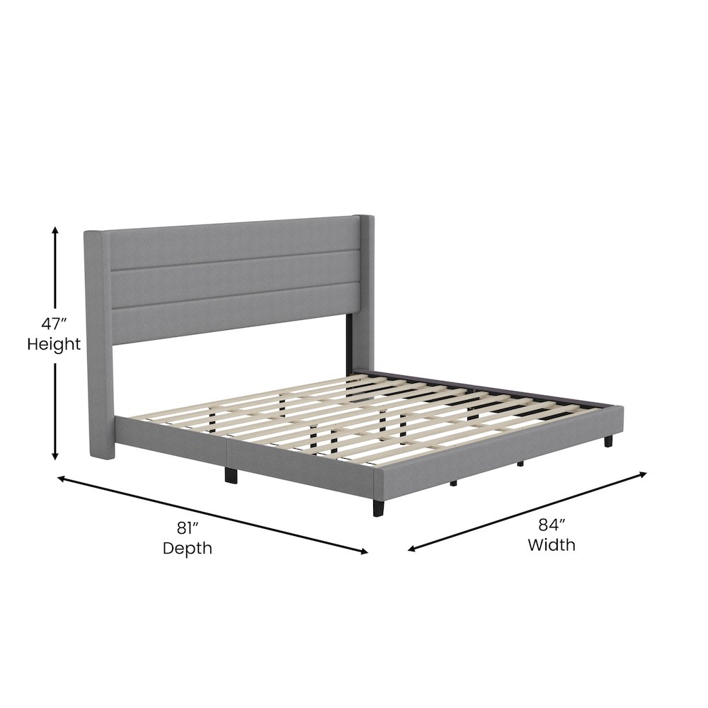 King Upholstered Platform Bed with Wingback Headboard, Gray Faux Linen. Picture 5