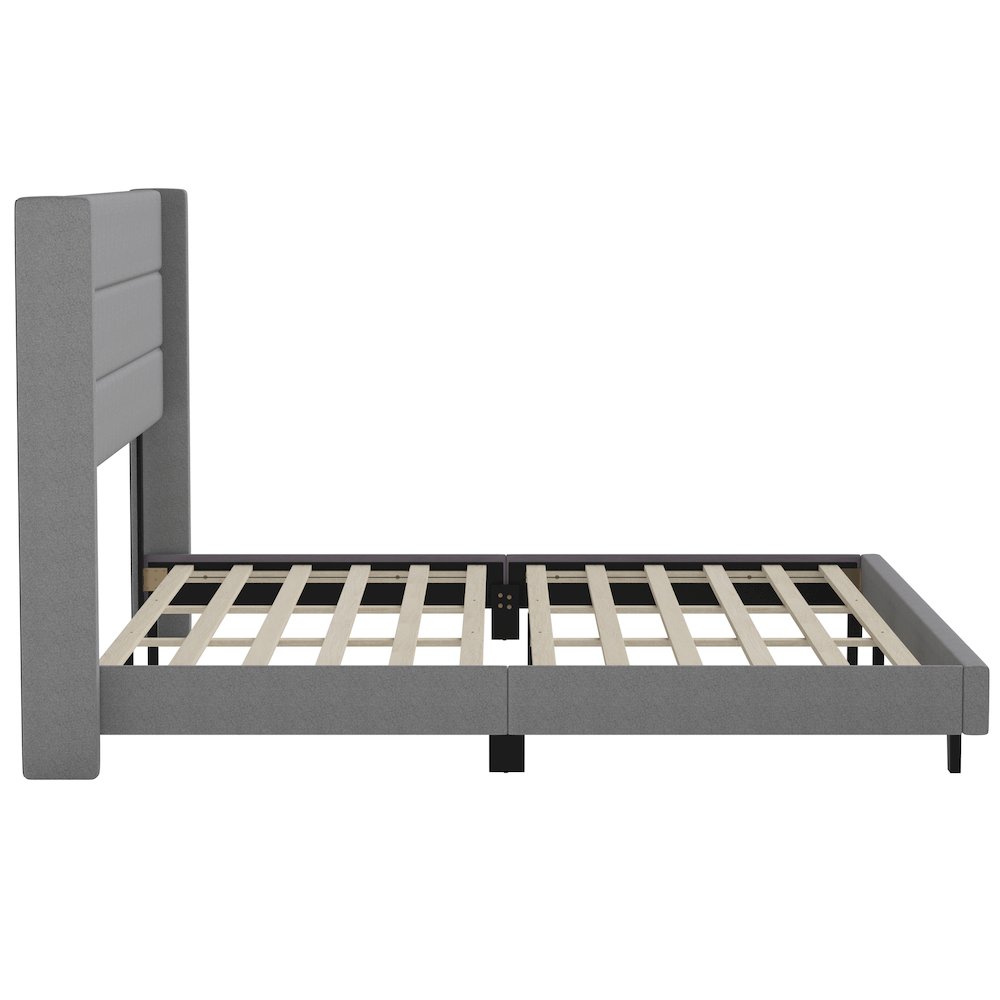 King Upholstered Platform Bed with Wingback Headboard, Gray Faux Linen. Picture 9