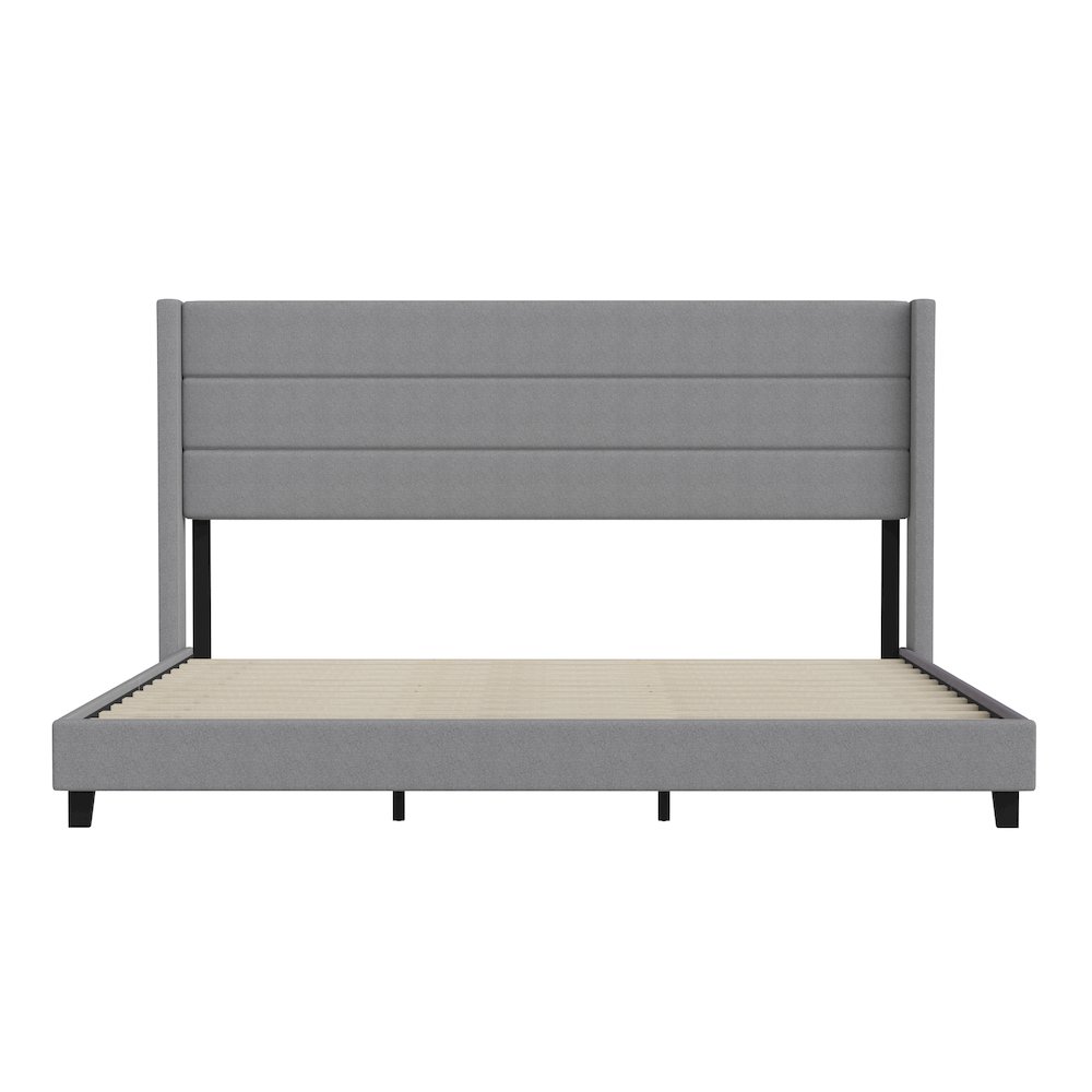 King Upholstered Platform Bed with Wingback Headboard, Gray Faux Linen. Picture 10