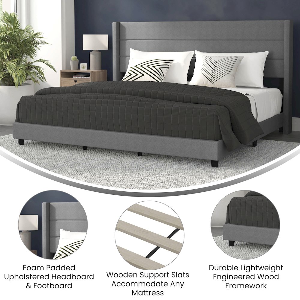 King Upholstered Platform Bed with Wingback Headboard, Gray Faux Linen. Picture 4