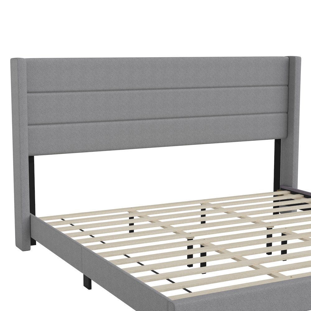 King Upholstered Platform Bed with Wingback Headboard, Gray Faux Linen. Picture 11