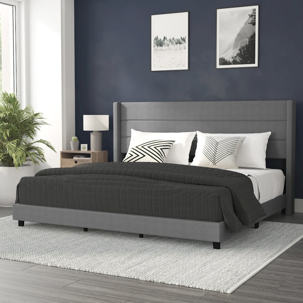 King Upholstered Platform Bed with Wingback Headboard, Gray Faux Linen. Picture 2